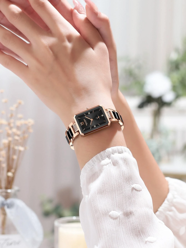 Rhinestone Decor Rectangle Quartz Watch! Womens Rose Gold & Black