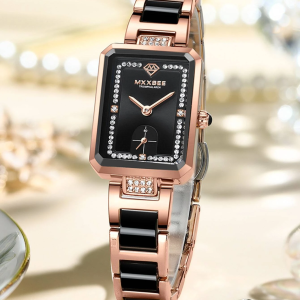 Classy Rhinestone Rectangle Quartz Watch! Womens Rose Gold & Black In Nice Red and Black Gift Box