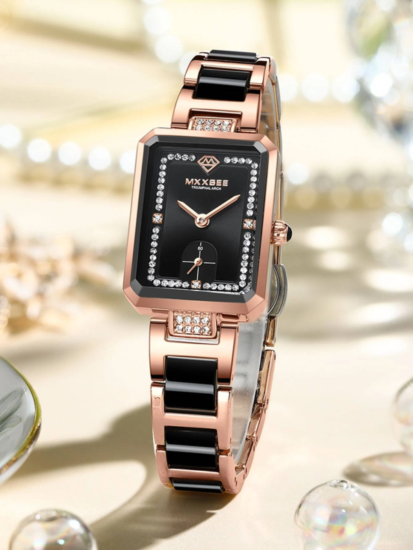 Classy Rhinestone Rectangle Quartz Watch! Womens Rose Gold & Black In Nice Red and Black Gift Box