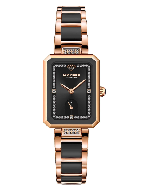 Classy Rhinestone Rectangle Quartz Watch! Womens Rose Gold & Black In Nice Red and Black Gift Box