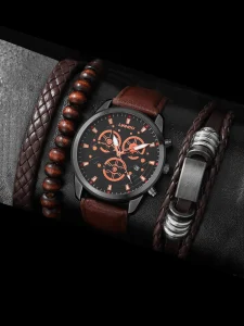 Round Pointer Quartz Watch & 3 Bracelets! Really Nice! Mens Brown / Multi Color