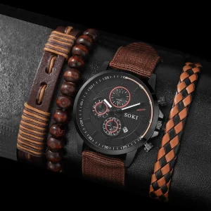 Round Pointer Quartz Watch & 3 Bracelets Men Brown / Multi Color