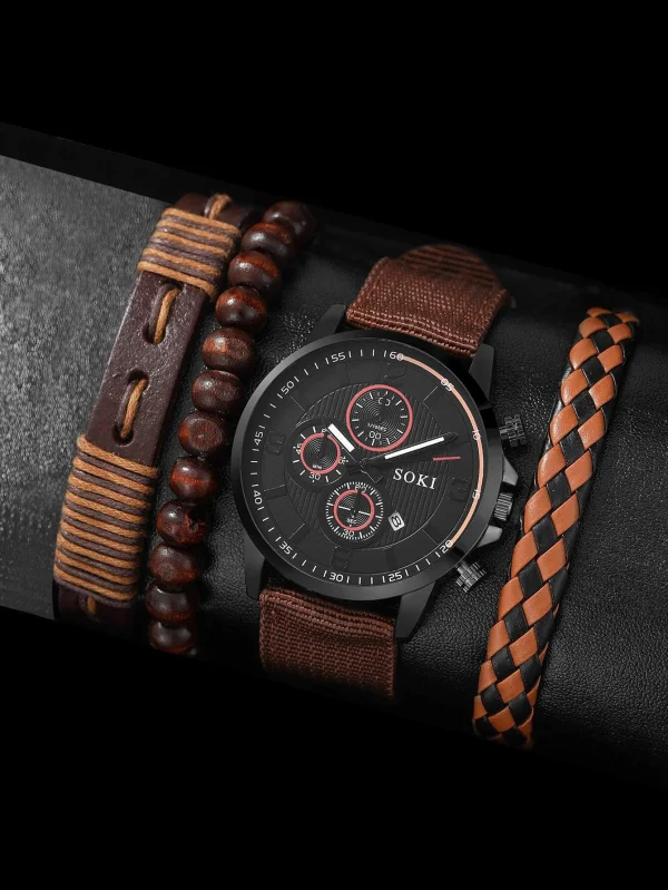 Round Pointer Quartz Watch & 3 Bracelets Men Brown / Multi Color