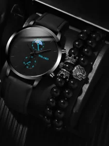 Round Pointer Quartz Watch & 2 Bracelets! Mens Adjustable Black