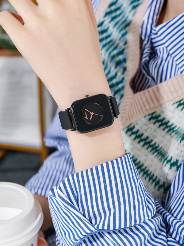 Minimalist Square Pointer Quartz Watch Womens Soft Black