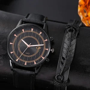 Round Pointer Quartz Watch & 1 Feather Design Bracelet! Mens Black