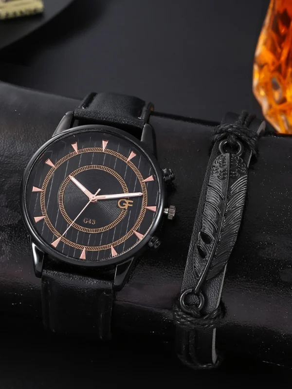 Round Pointer Quartz Watch & 1 Feather Design Bracelet! Mens Black