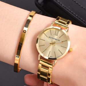 Minimalist Round Pointer Quartz Watch & 1pc Bracelet Women Gold Colored Zinc Alloy