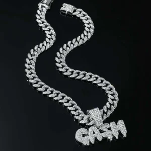 Sparkling Rhinestone "CASH" Lettering - Necklace, Classic Popular For Street Jewelry! One-size Silver Hip Hop