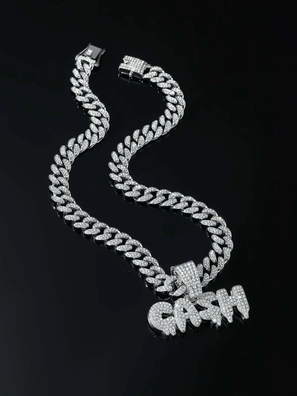 Sparkling Rhinestone "CASH" Lettering - Necklace, Classic Popular For Street Jewelry! One-size Silver Hip Hop