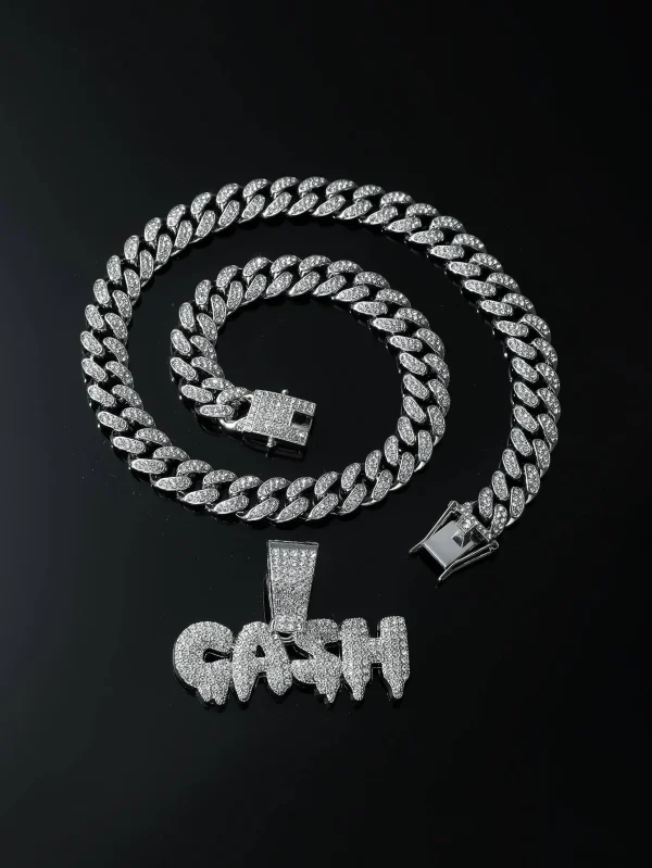 Sparkling Rhinestone "CASH" Lettering - Necklace, Classic Popular For Street Jewelry! One-size Silver Hip Hop