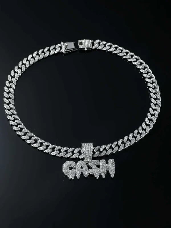 Sparkling Rhinestone "CASH" Lettering - Necklace, Classic Popular For Street Jewelry! One-size Silver Hip Hop