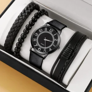 Round Pointer Quartz Watch & 3 Bracelets Mens Black