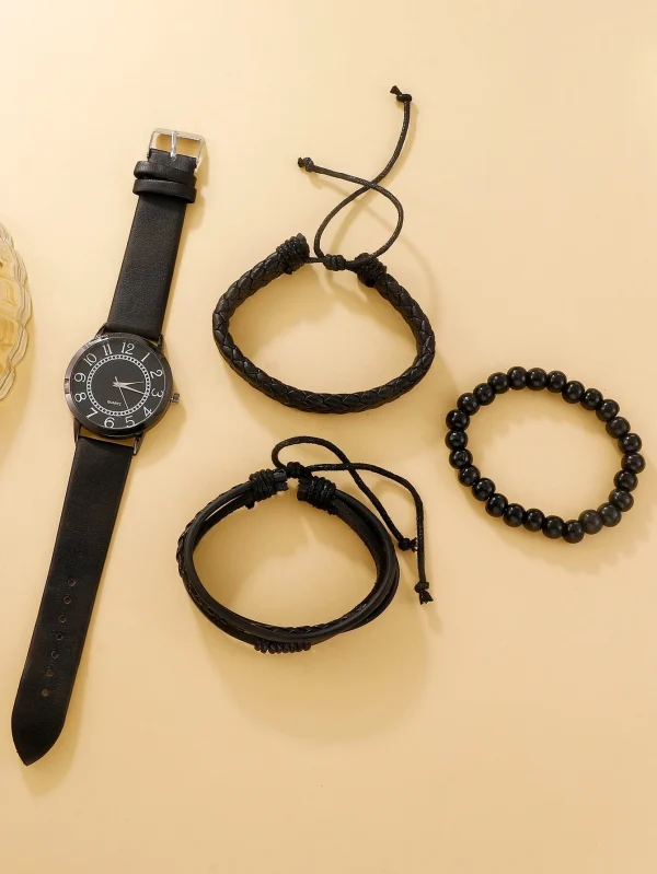 Round Pointer Quartz Watch & 3 Bracelets Mens Black