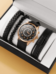 Round Pointer Quartz Watch & 3 Bracelets! Mens Black & Copper