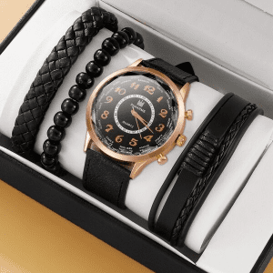 Round Pointer Quartz Watch & 3 Bracelets! Mens Black & Copper