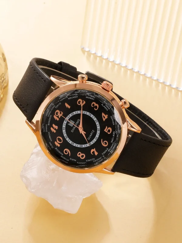 Round Pointer Quartz Watch & 3 Bracelets! Mens Black & Copper