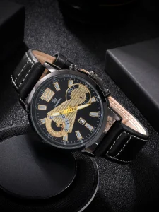 Round Pointer Date Quartz Watch! Mens Black & Gold