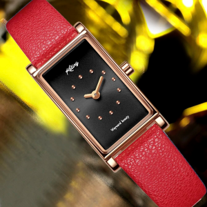 Rectangle Dial Quartz Watch! Womens Rose Gold & Red