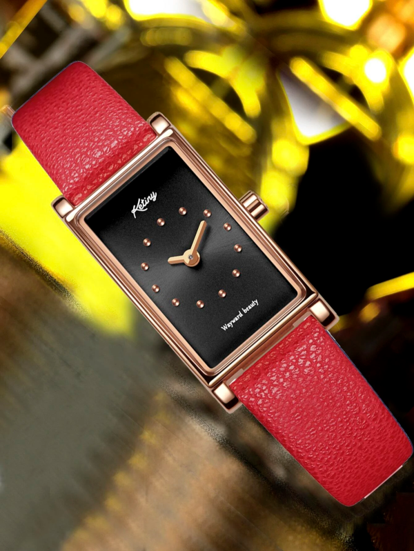 Rectangle Dial Quartz Watch! Womens Rose Gold & Red