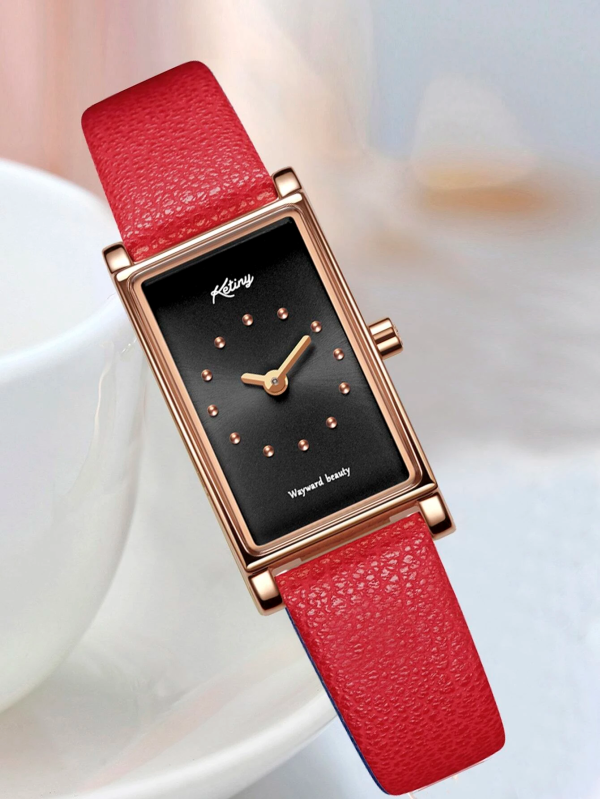 Rectangle Dial Quartz Watch! Womens Rose Gold & Red