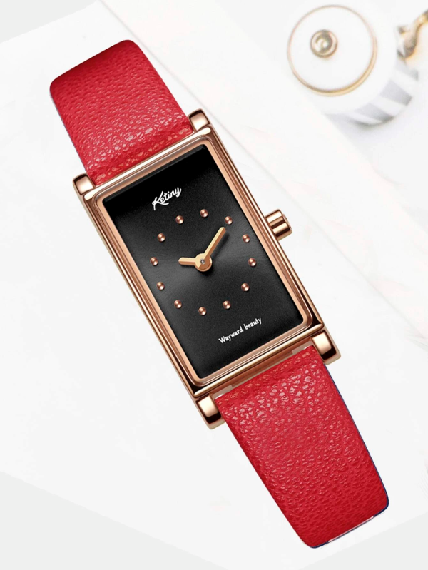 Rectangle Dial Quartz Watch! Womens Rose Gold & Red