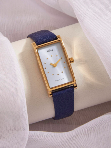 Rectangle Pointer Quartz Watch Women Gold & Dark Blue In Light Blue Gift Box