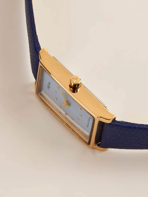 Rectangle Pointer Quartz Watch Women Gold & Dark Blue In Light Blue Gift Box