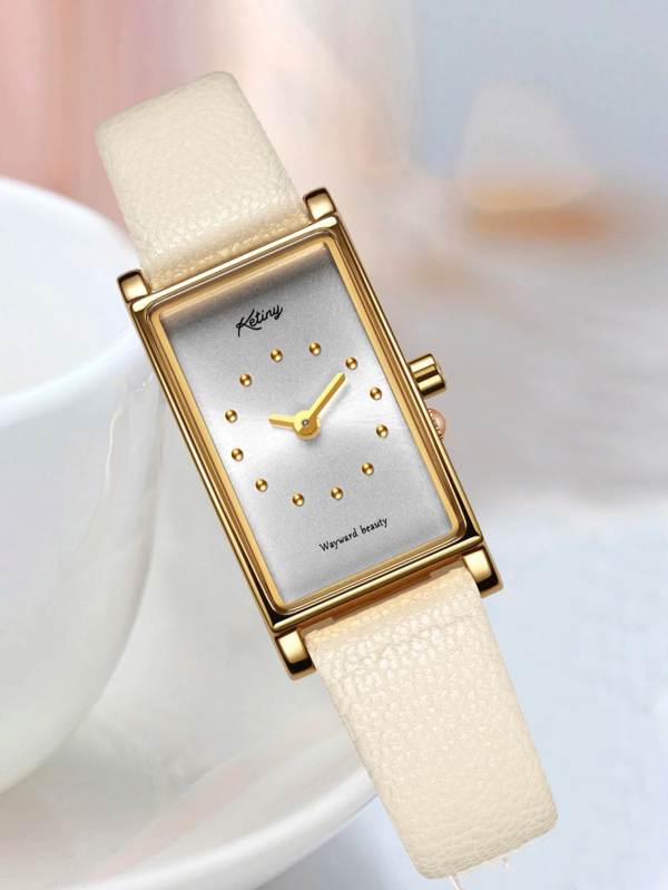 Sophisticated Square Dial Quartz Watch! Womens Gold & Cream