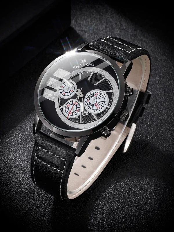 n/a | Triple Dial Quartz Watch With Black Bezel! Mens Black