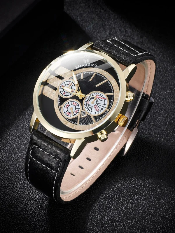 n/a | Triple Dial Date Quartz Watch With Gold Bezel! Mens Black & Gold