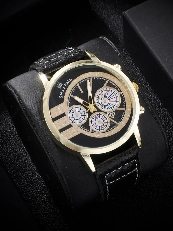 n/a | Triple Dial Date Quartz Watch With Gold Bezel! Mens Black & Gold