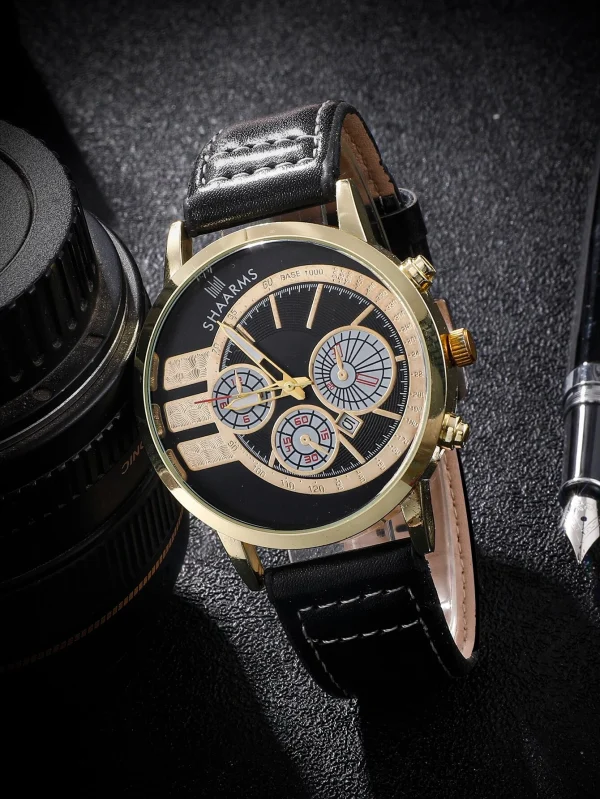 - | Triple Dial Date Quartz Watch With Gold Bezel! Mens Black & Gold