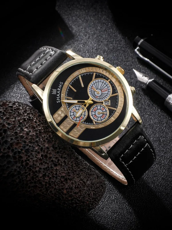 - | Triple Dial Date Quartz Watch With Gold Bezel! Mens Black & Gold