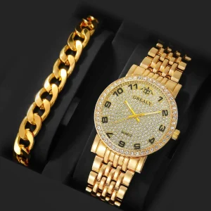 Rhinestone Decor Quartz Watch & Bracelet Mens Gold