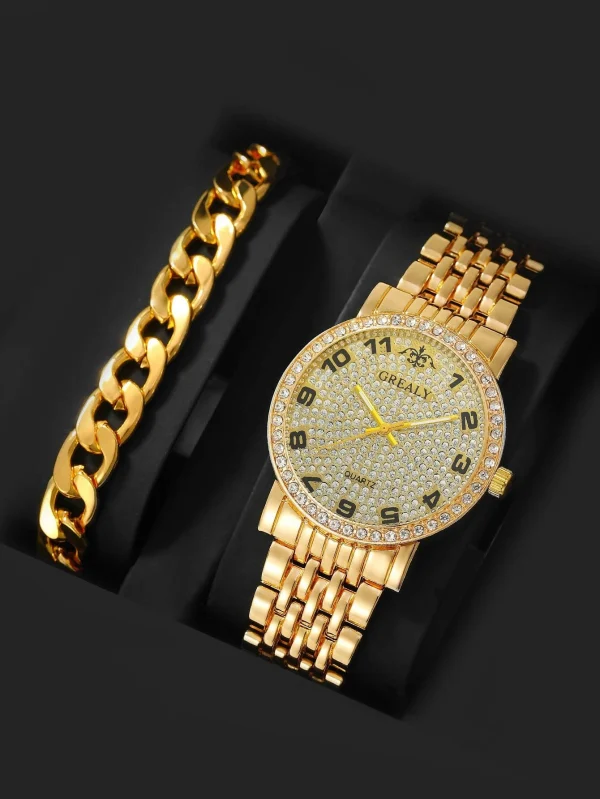 Rhinestone Decor Quartz Watch & Bracelet Mens Gold