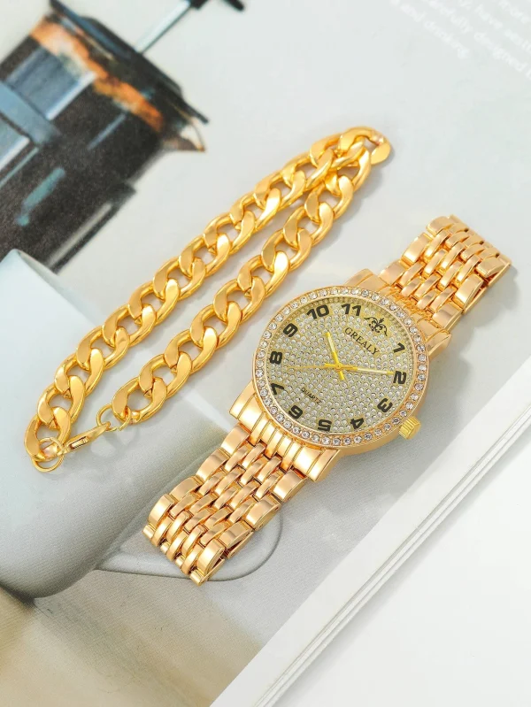 Rhinestone Decor Quartz Watch & Bracelet Mens Gold