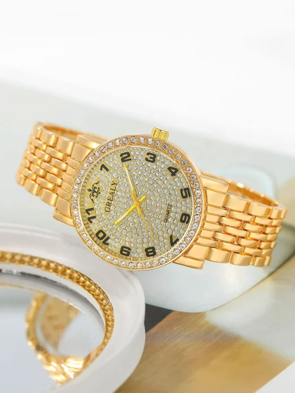 Rhinestone Decor Quartz Watch & Bracelet Mens Gold