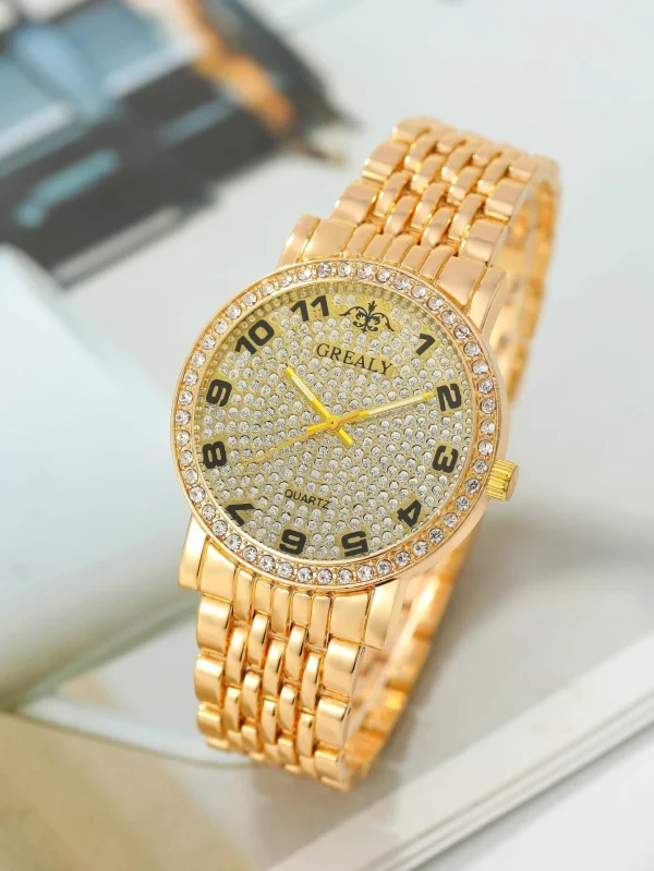 Rhinestone Decor Quartz Watch & Bracelet Mens Gold