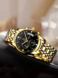Round Pointer Quartz Watch Mens Gold & Black