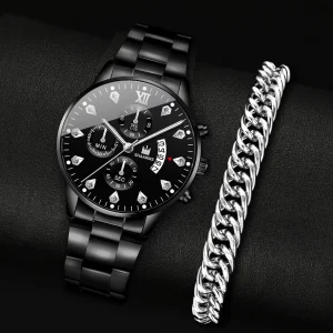 Round Date Quartz Watch & 1 Bracelet - Really Nice! Mens Black & Silver
