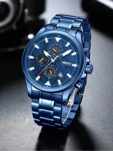 Triple Dial Date Quartz Watch with Night Time Luminescence Dials! Mens Blue In Long White Box