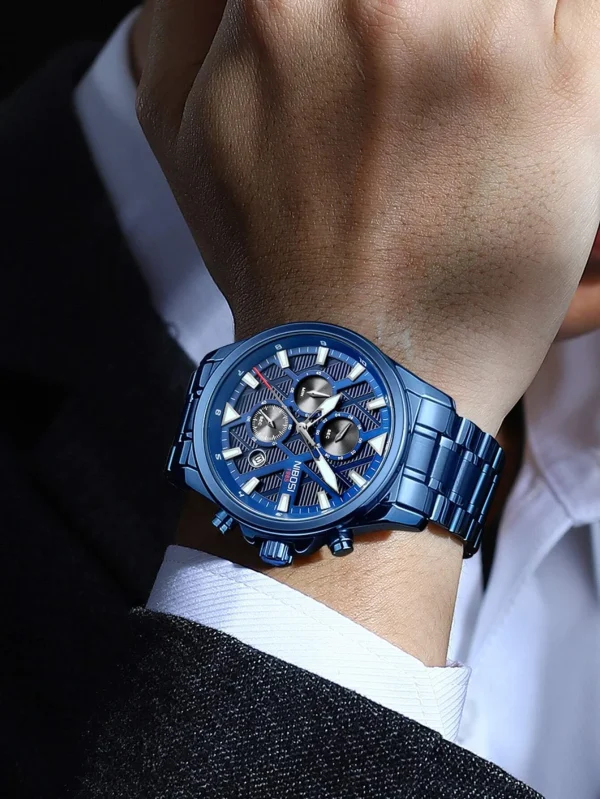 Triple Dial Date Quartz Watch with Night Time Luminescence Dials! Mens Blue In Long White Box