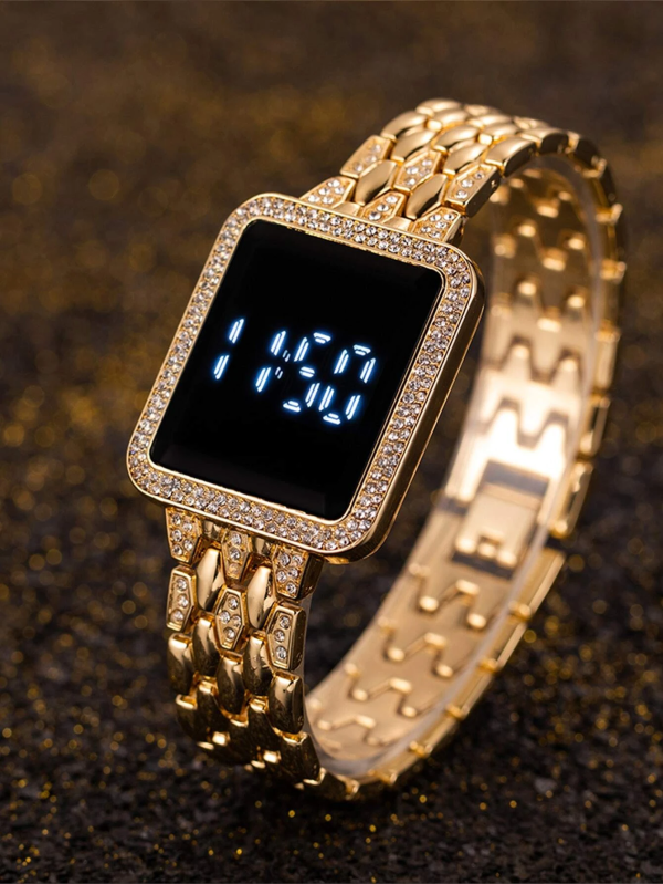 Bold Rhinestone LED Square Electronic Watch! Womens Gold & Black