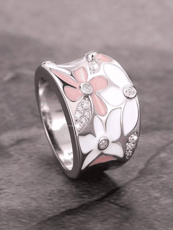 Cubic Zirconia Flower Ring Womens Silver, White, Pink