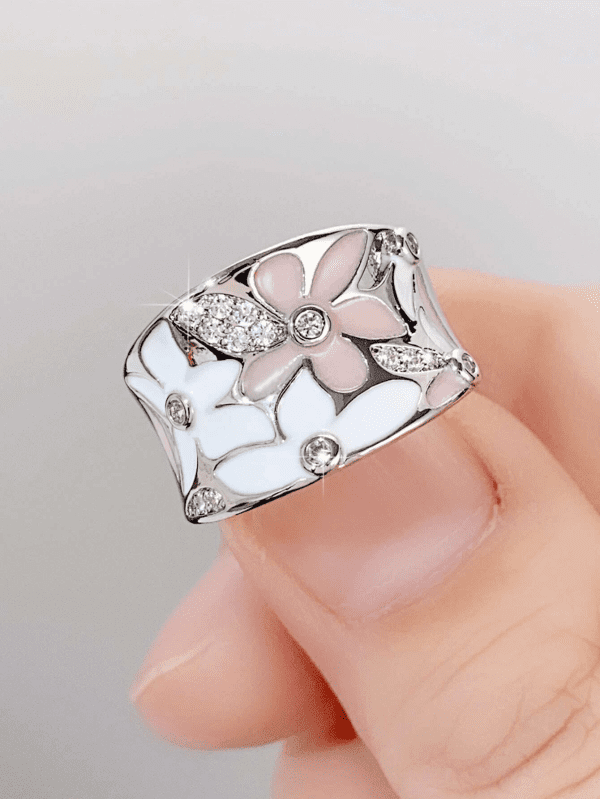 Cubic Zirconia Flower Ring Womens Silver, White, Pink