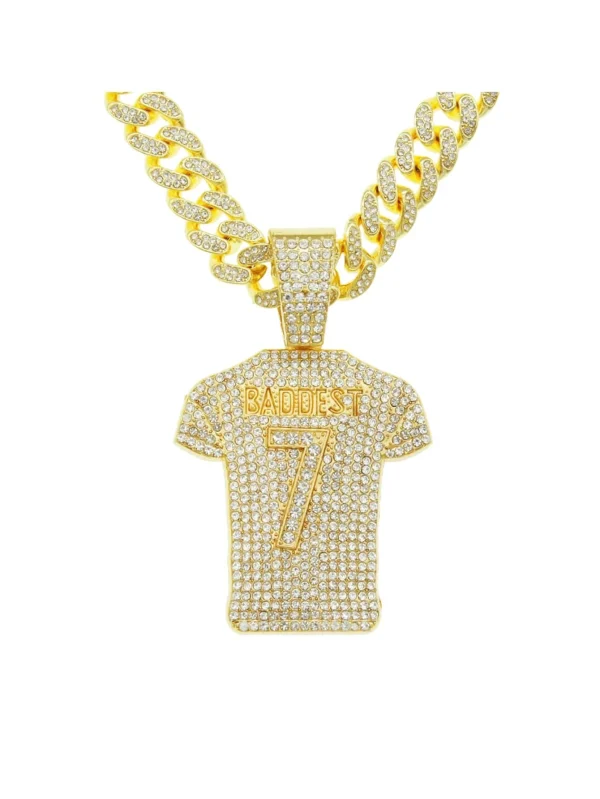 Rhinestone Shirt Pendant Necklace "Baddest 7" One-size Gold Hip Hop