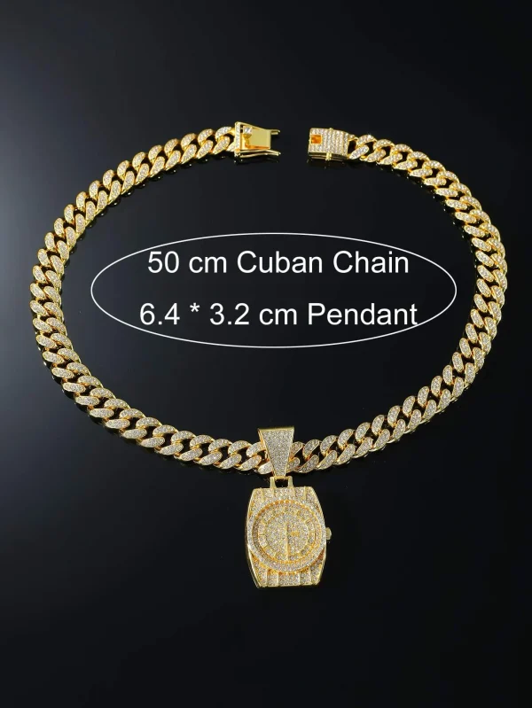 Rhinestone "Watch" Design Pendant Necklace One-size Gold Hip Hop