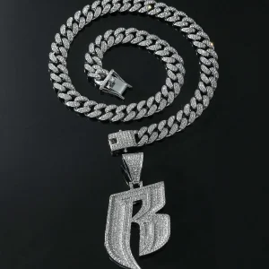 Rhinestone Letter R Chain Necklace One-size Silver Hip Hop