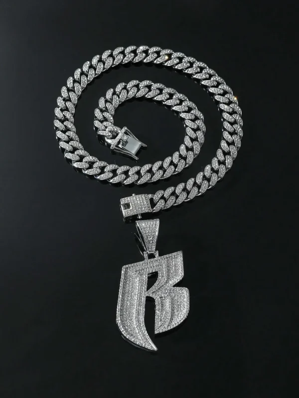 Rhinestone Letter R Chain Necklace One-size Silver Hip Hop